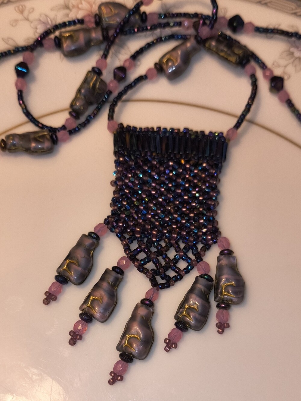 Glass Seed Bead Medicine Pouch Necklace Oil Slick Blue Pink Molded Cat Charm